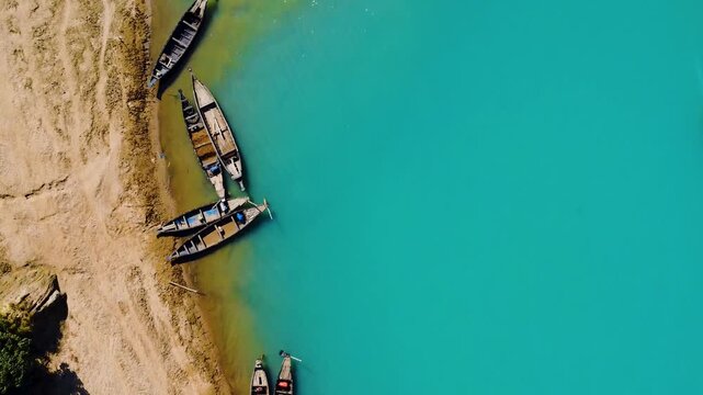 Top to Down drone view of the Lalakhal Sari-Goain River in Jaintapur, Sylhet, Beautifull crystal clear water and wooden boards, which is known as a famous tourist destination in Bangladesh