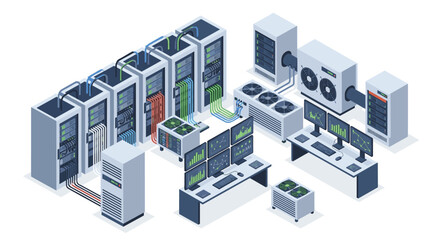 Fototapeta premium Meticulous isometric illustration of a modern data center facility featuring organized server racks and advanced cooling systems under bright clinical white lighting.