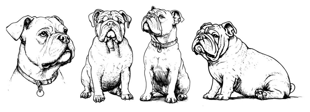 Bulldog dog breed portraits set hand drawn engraving style for pet shop or kennel club logo