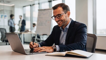 Obraz premium Smiling professional man in glasses works on laptop, writing notes at modern office desk, reflecting positive business success and productivity