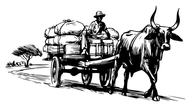 Traditional bullock cart with ox and farmer carrying goods on road hand drawn engraving style