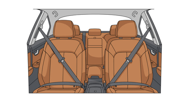 A detailed illustration shows the interior of a modern car from the back seat perspective featuring tan leather upholstery and dark grey seatbelts.
