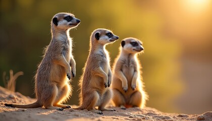Fototapeta premium Three meerkats stand upright on sandy ground looking alertly into distance. Warm sunlight illuminates fur, surroundings creating peaceful natural scene. Image shows vigilance, family unity in wild