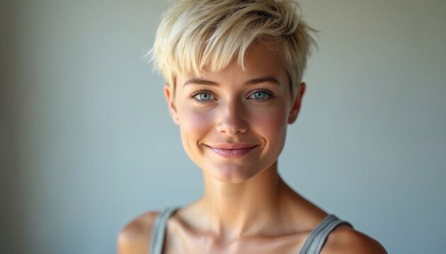 Blonde woman smiles with short textured pixie haircut. Natural makeup highlights blue eyes. Casual tank top and simple background. Youthful feminine look.
