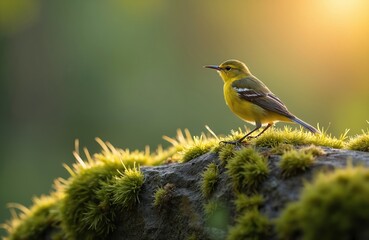 Obraz premium Small yellow bird perches on mossy rock at sunrise. Wildlife scene features tiny Phylloscopus trochilus with soft background light. Birdwatching and nature photo.