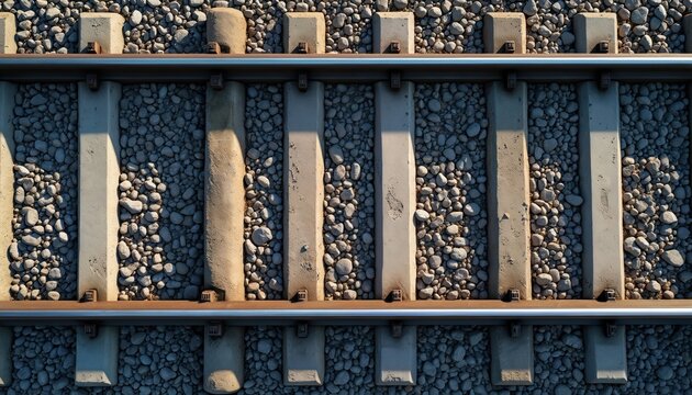Close-up overhead view of parallel railway tracks made of steel rails, concrete sleepers, and gravel ballast. These railroad lines form a perspective leading to a journey or travel destination.