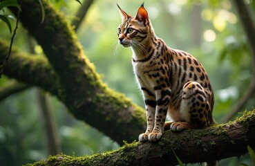 Naklejka premium Marbled cat sits on mossy tree branch in lush green rainforest. This wild animal has spotted fur pattern, looks alertly forward. Nature scene with jungle foliage.