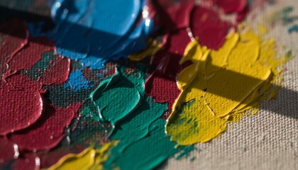 Fototapeta premium Macro shot of thick vibrant oil paint strokes in yellow green and red on a textured linen canvas under bright natural sunlight with sharp shadows