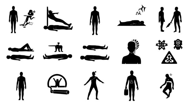 Crime scene body silhouette icon set forensic vector symbols