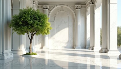 Obraz premium Green tree grows in white marble room. Sunlit interior has classical columns arches. Elegant design contrasts nature with opulent architecture. Bright space features polished floor.