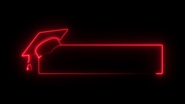 Glowing neon graduation cap and blank frame icon isolated on black background. Graduate college, high school or educational cap symbol. degree ceremony hat with line stroke border. 4k video animation