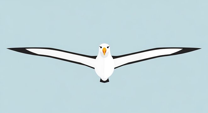 Graceful seagull soaring effortlessly against a serene sky backdrop.