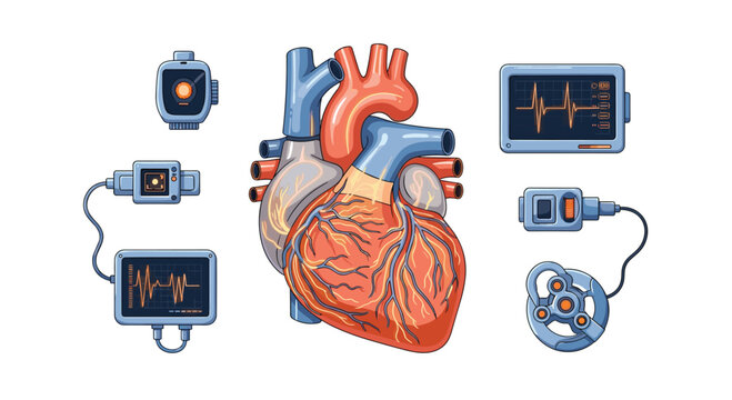 A meticulously detailed anatomical human heart is displayed alongside several blue digital medical monitors showing heart rate waveforms and data.
