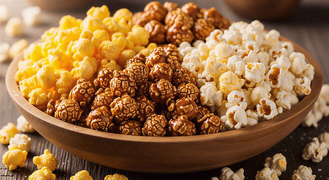 Assorted popcorn flavors including caramel, cheese, and classic salted in a wooden bowl.