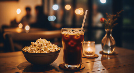 Fototapeta premium A bowl of popcorn and a glass of iced coffee with a straw on a wooden table in a dimly lit cafe with bokeh lights.