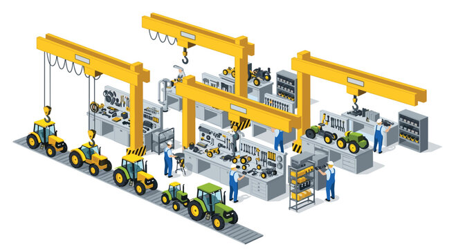A busy isometric factory floor features multiple workers in blue overalls meticulously assembling vibrant yellow and green tractors using large overhead yellow gantry cranes.