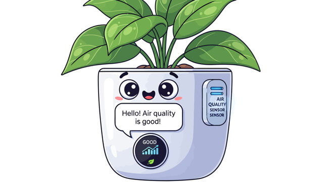 Cute cartoon plant pot with smiling face and good air quality message