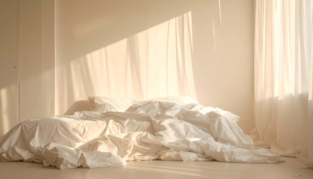 Serene Bedroom Scene with Soft Morning Sunlight Illuminating a Bed Dressed in Crisp White Linens, Creating a Peaceful Atmosphere