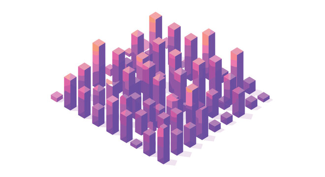 A dynamic field of isometric rectangular bars displays varying heights and vibrant purple to orange gradients creating complex data visualization on white.