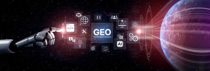 Obraz premium Digital marketing concept featuring GEO strategy, optimizing content for AI search engines and large language models. Evolution of SEO, brand authority, and AI citation visibility. Corpus