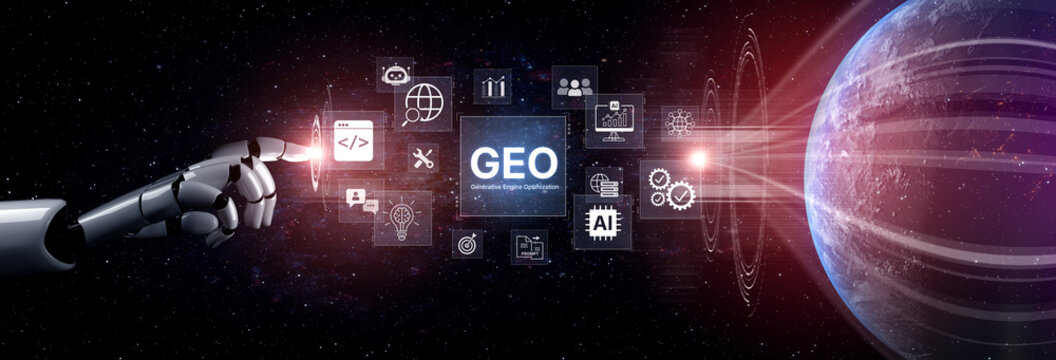 Digital marketing concept featuring GEO strategy, optimizing content for AI search engines and large language models. Evolution of SEO, brand authority, and AI citation visibility. Corpus