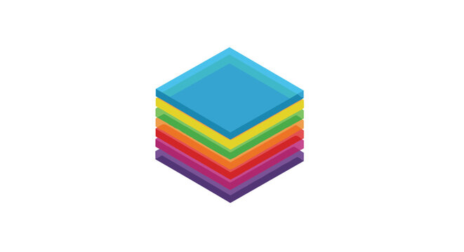 A simple yet elegant isometric stack of translucent multi-colored square layers forms a vibrant rainbow cube centered against a pristine white background.