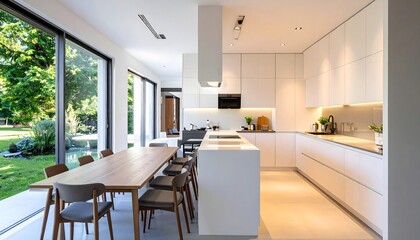 Fototapeta premium Modern open plan kitchen and dining area with sleek white cabinets, wooden table, and garden view, designed for spacious living.
