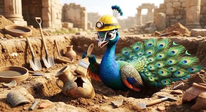 Whimsical illustration of a peacock character working as an archaeologist