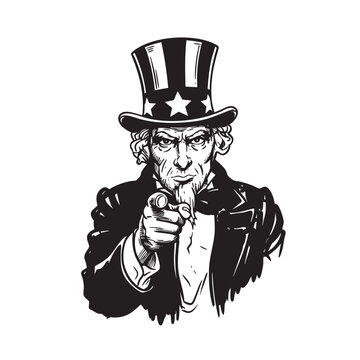 Uncle Sam Pointing Finger I Want You Poster, Black and White Engraving Patriotic American Vector Art