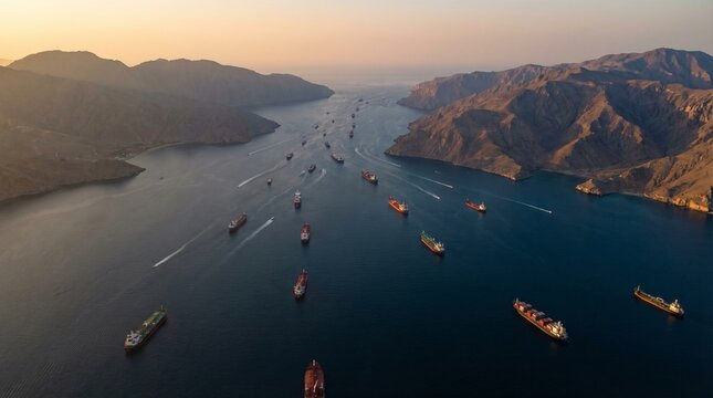 Aerial view of cargo ships in a busy shipping lane near a mountainous coastline.