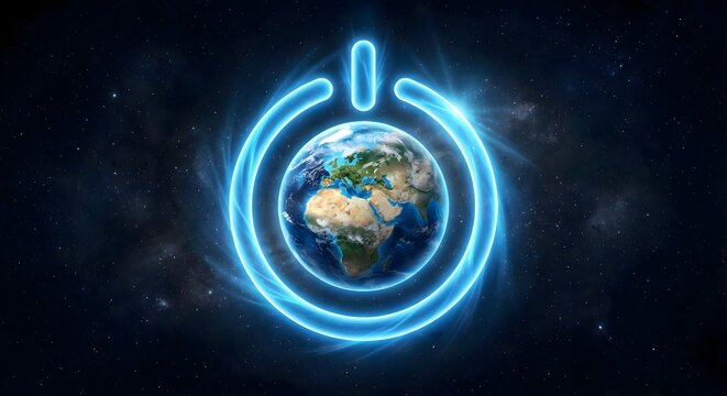 Earth planet symbol in outer space representing world power button for environmental concept of global energy