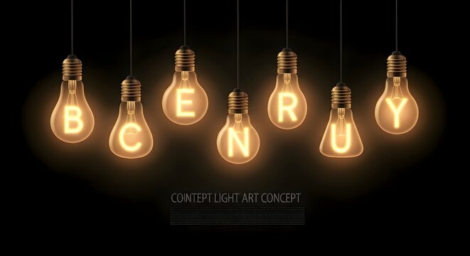 Seven illuminated Edison light bulbs hanging in darkness with letters spelling out "B C E N U R Y" concept for new ideas creative thinking and innovation bright illumination in dark room.