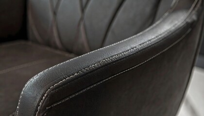Fototapeta premium Close-up on the detailed stitching and rich texture of a dark brown leather chair armrest, showcasing quality craftsmanship and luxurious comfort.
