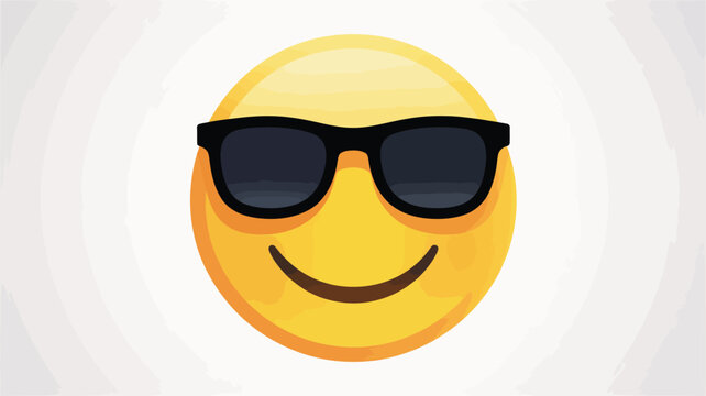 Cool yellow emoji wearing black sunglasses, happy smiling face with shades vector illustration, confident summer mood emoticon for social media