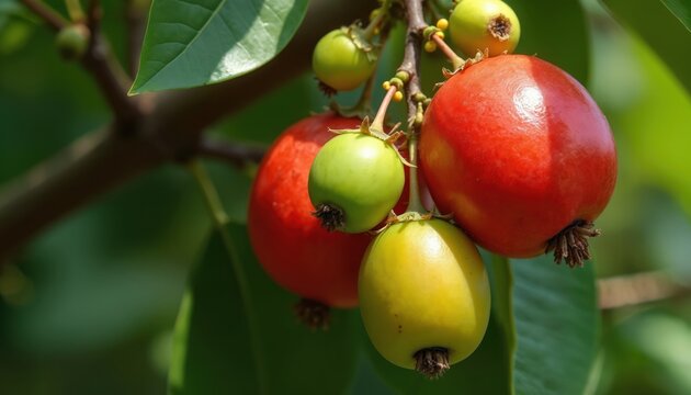 Ripe red and unripe green kokum fruits grow on a tree branch. Small yellow berries also visible. Nature bounty unfolds with vibrant colors, showcasing raw produce ready for harvest and use.
