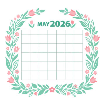 Monthly planner template for may 2026 decorated with floral wreath of pink tulips and buds.