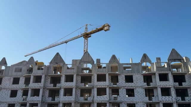 Aerated concrete apartment construction under blue sky, tower crane lifting blocks, exposed blockwork facade with triangular.