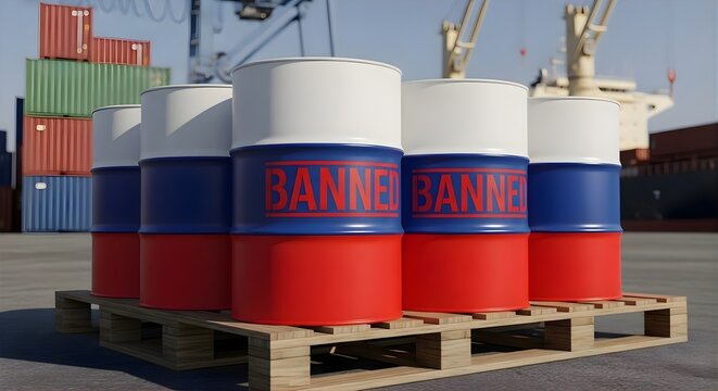 Industrial oil barrels painted with russian flag and red banned text label sitting on wooden pallet at shipping port terminal for global trade sanction and energy embargo economic policy illustration.