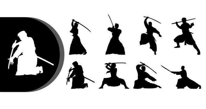 A collection of samurai silhouettes in various fighting poses with swords on a white background