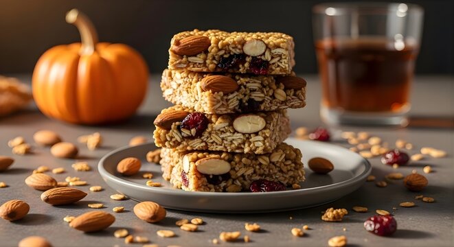 Stack of homemade granola bars with oats almonds cranberries and seeds on ceramic plate, autumn harvest pumpkin and autumn leaves background, glass of drink and scattered nuts on wooden table.