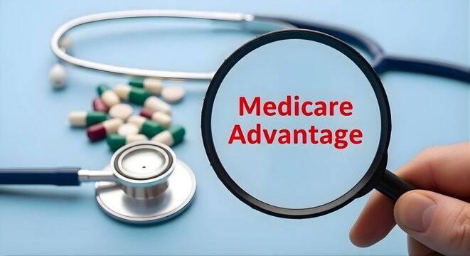 A close-up view of a medical stethoscope, a pile of assorted pills, and a hand holding magnifying glass highlighting the words medicare advantage against a light blue background.