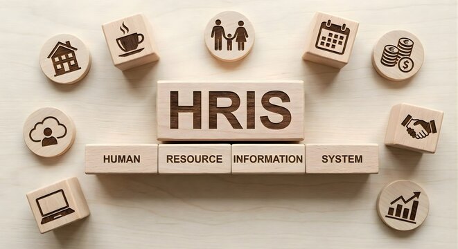 Hris human resource information system text on light wood blocks with icons representing company benefits recruitment career development payroll management and organizational software tools concept.