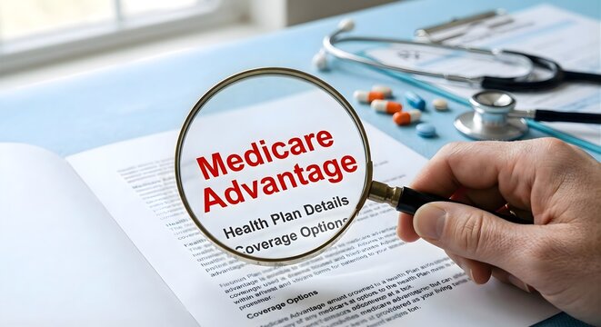 Medicare advantage health plan details viewed through magnifying glass on medical paperwork with stethoscope and pills in background for senior healthcare coverage options and insurance benefits.