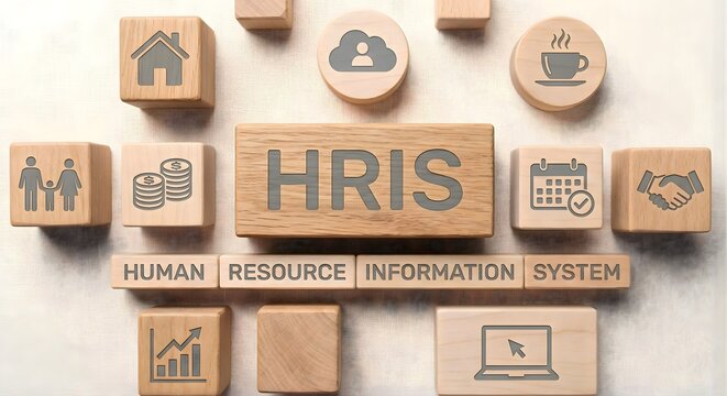 Human resource information system acronym hris on natural wooden blocks featuring icons for cloud data storage family planning coffee breaks calendar scheduling financial savings and system tools.
