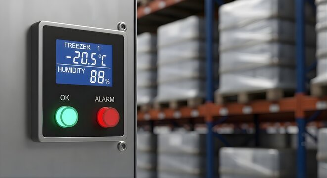 Industrial freezer control panel showing sub zero temperature of negative twenty point five degrees celsius with humidity sensor and green ok button next to red alarm indicator in warehouse storage.