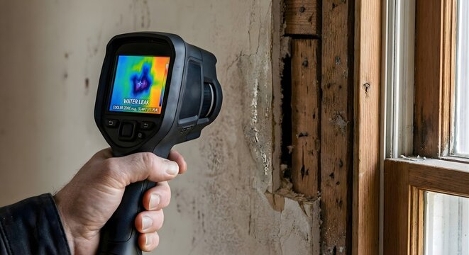 Hand holding thermal imaging camera to detect water leak inside residential wall during home inspection with infrared heat signature showing moisture damage behind plasterboard and wooden framing.