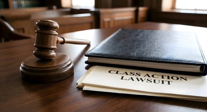 Class action lawsuit document with gavel on wooden desk representing legal proceedings and justice system in courtroom symbolizing legal rights and dispute resolution fair trial.