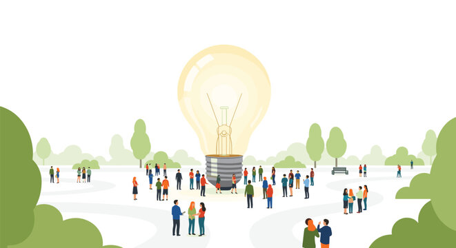 Large central lightbulb standing in a lush park setting surrounded by a diverse crowd of people walking on winding paths under a soft natural daylight.
