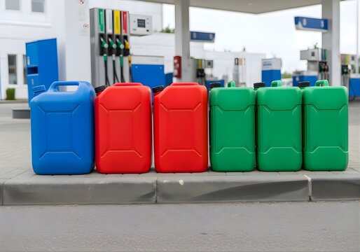 Assortment of blue, red, and green plastic gas cans arranged on curb in front of gas station pumps, containers for fuel storage, outdoor setting, modern utility equipment.