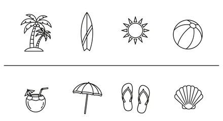 Fototapeta premium Collection of simple line art icons representing summer vacation and beach activities